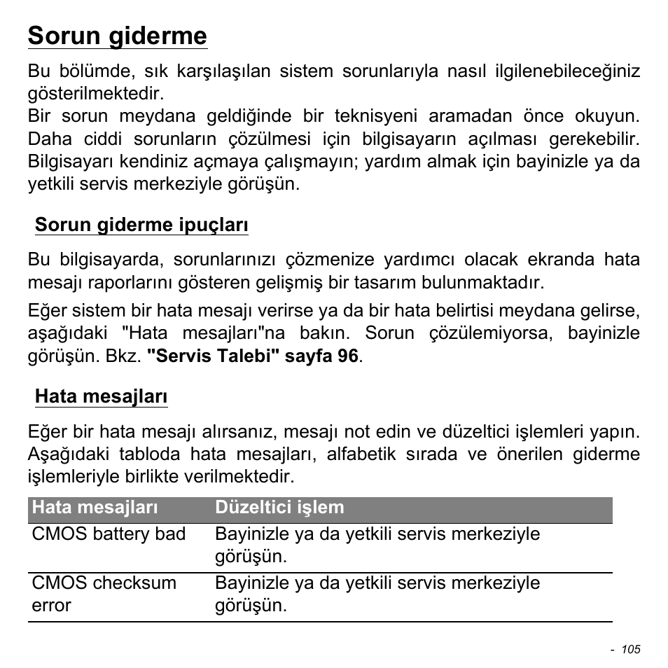 Sorun giderme, Sorun giderme ipuçları, Hata mesajları | Sorun giderme ipuçları hata mesajları | Acer Aspire S3-391 User Manual | Page 2999 / 3554