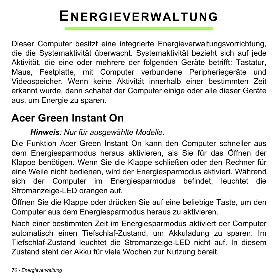 Energieverwaltung, Acer green instant on, Nergieverwaltung | Acer Aspire S3-391 User Manual | Page 306 / 3554