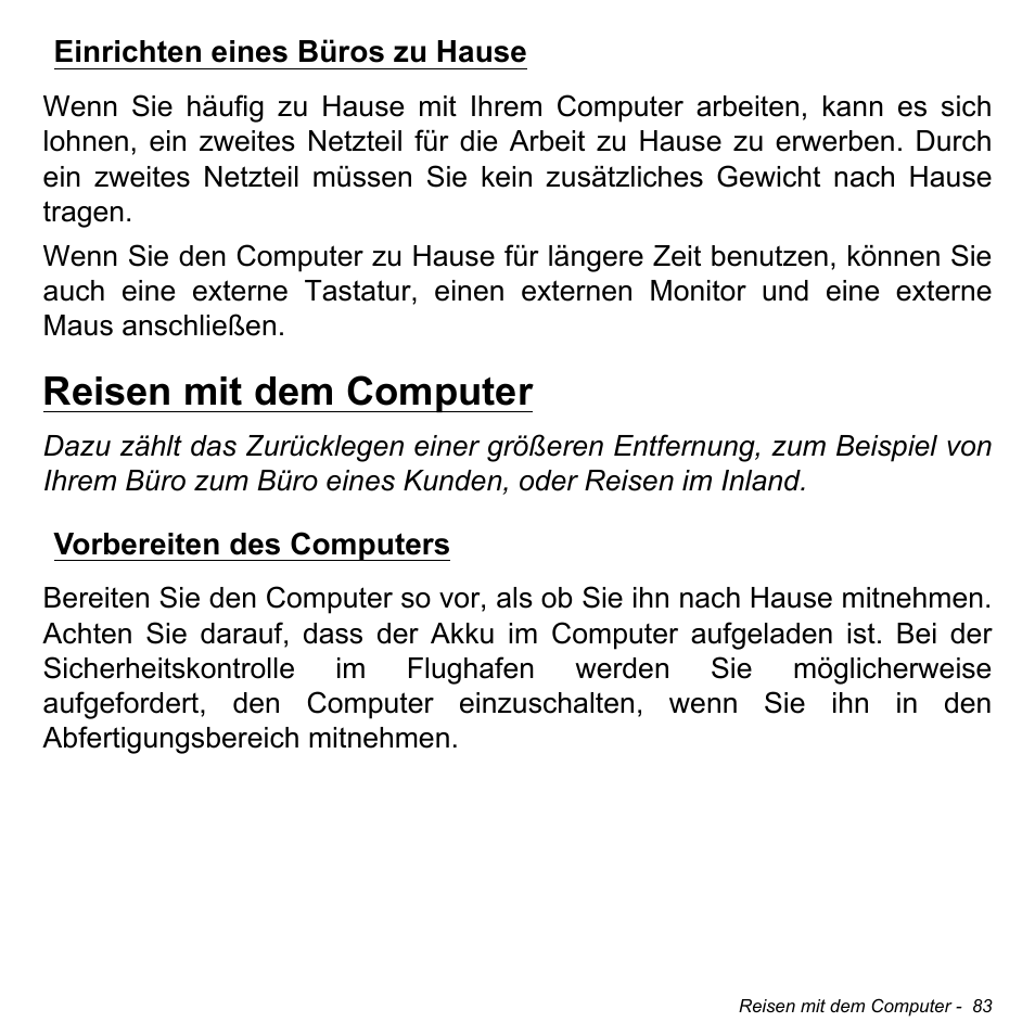 Einrichten eines büros zu hause, Reisen mit dem computer, Vorbereiten des computers | Acer Aspire S3-391 User Manual | Page 319 / 3554