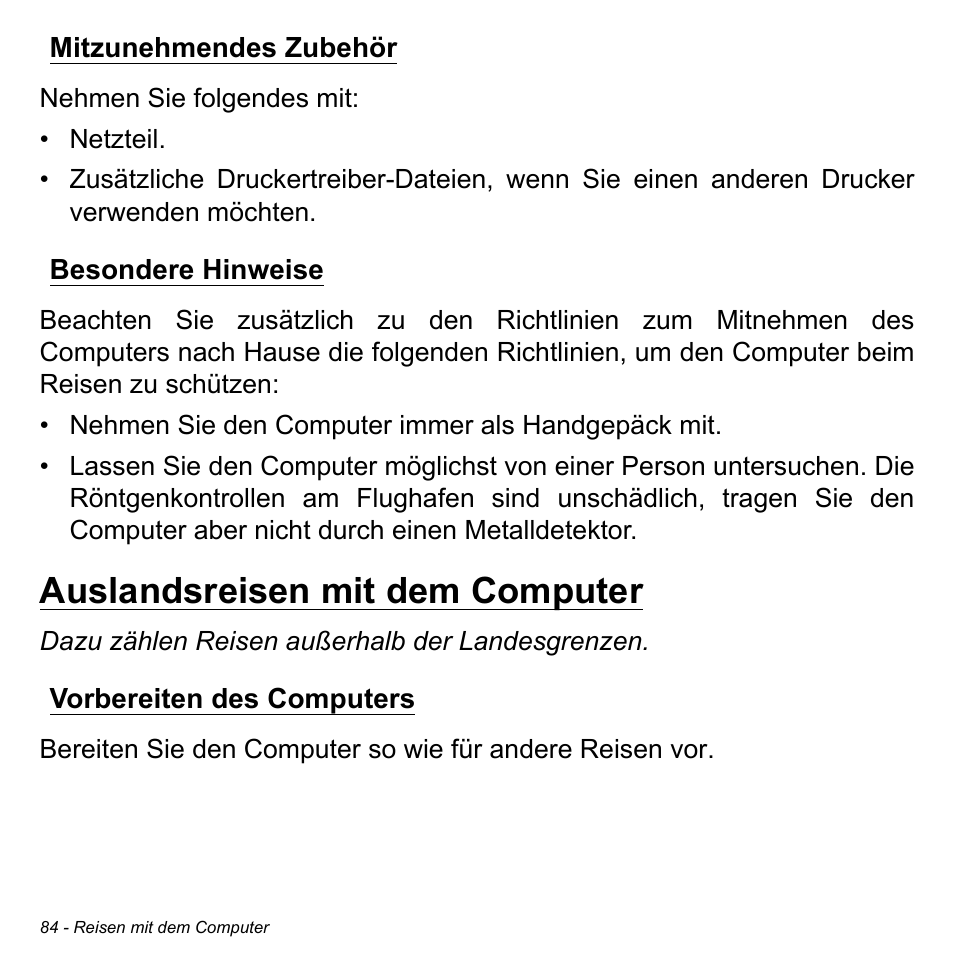 Mitzunehmendes zubehör, Besondere hinweise, Auslandsreisen mit dem computer | Vorbereiten des computers, Mitzunehmendes zubehör besondere hinweise | Acer Aspire S3-391 User Manual | Page 320 / 3554