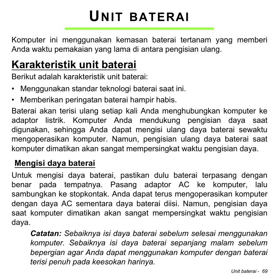 Unit baterai, Karakteristik unit baterai, Mengisi daya baterai | Baterai | Acer Aspire S3-391 User Manual | Page 3388 / 3554