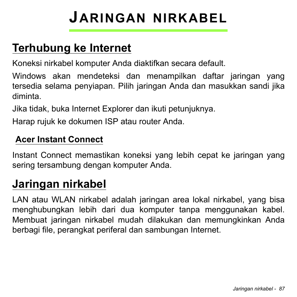 Jaringan nirkabel, Terhubung ke internet, Acer instant connect | Aringan, Nirkabel | Acer Aspire S3-391 User Manual | Page 3406 / 3554