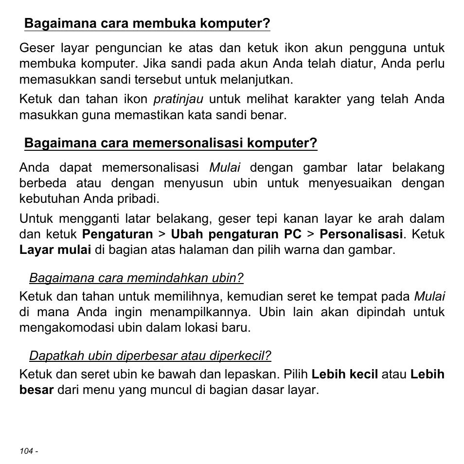 Bagaimana cara membuka komputer, Bagaimana cara memersonalisasi komputer | Acer Aspire S3-391 User Manual | Page 3423 / 3554