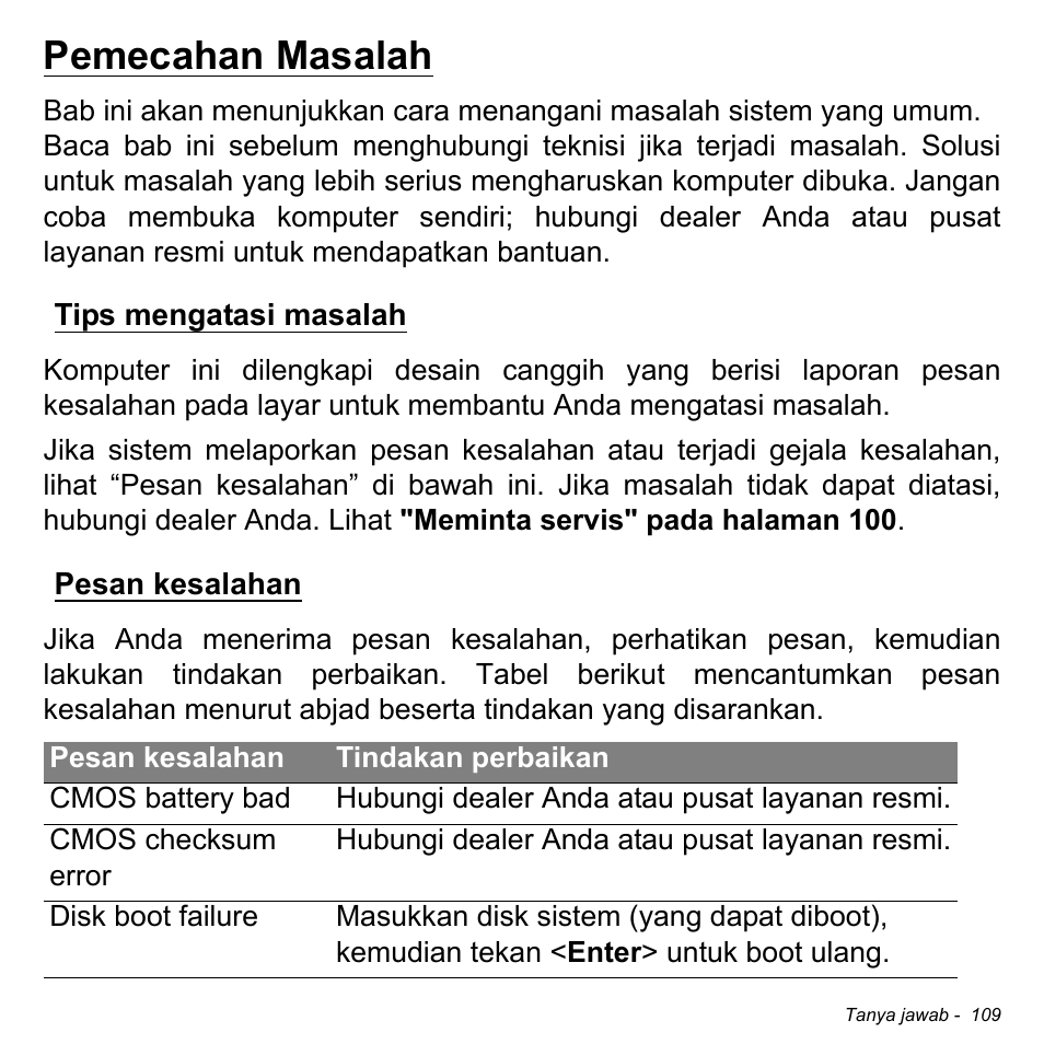 Pemecahan masalah, Tips mengatasi masalah, Pesan kesalahan | Tips mengatasi masalah pesan kesalahan | Acer Aspire S3-391 User Manual | Page 3428 / 3554