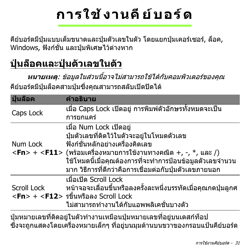 การใช้งานคีย์บอร์ด, ปุ่มล็อคและปุ่มตัวเลขในตัว, การใชงานคียบอรด | ปุมล็อคและปุมตัวเลขในตัว, การใช งานคี ย บอร ด | Acer Aspire S3-391 User Manual | Page 3469 / 3554