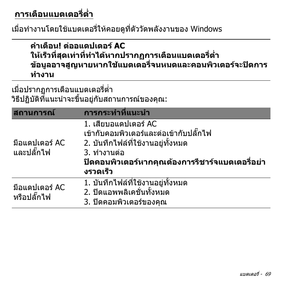 การเตือนแบตเตอรี่ต่ำ, การเตือนแบตเตอรี่ต่ํา | Acer Aspire S3-391 User Manual | Page 3507 / 3554