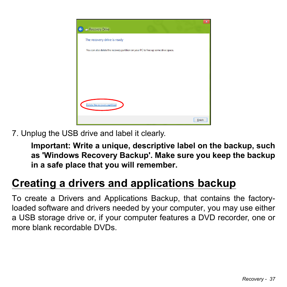 Creating a drivers and applications backup | Acer Aspire S3-391 User Manual | Page 38 / 3554