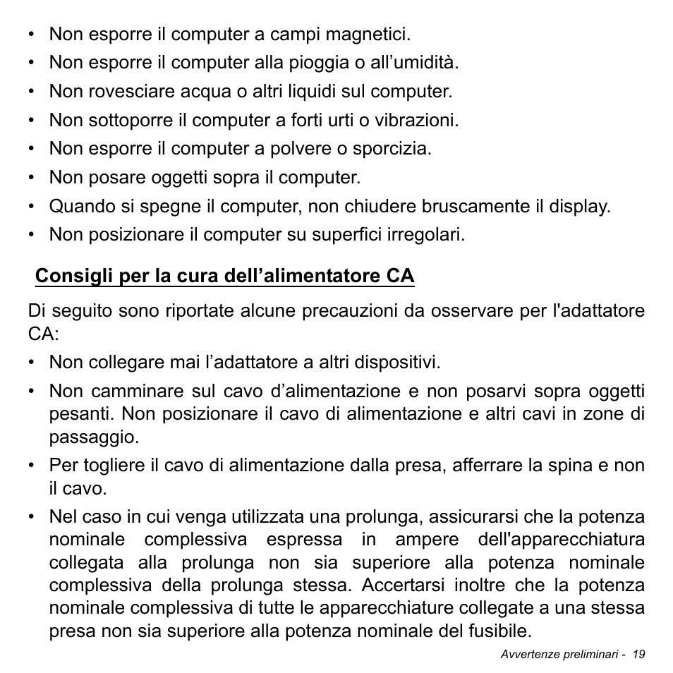 Consigli per la cura dell’alimentatore ca | Acer Aspire S3-391 User Manual | Page 384 / 3554