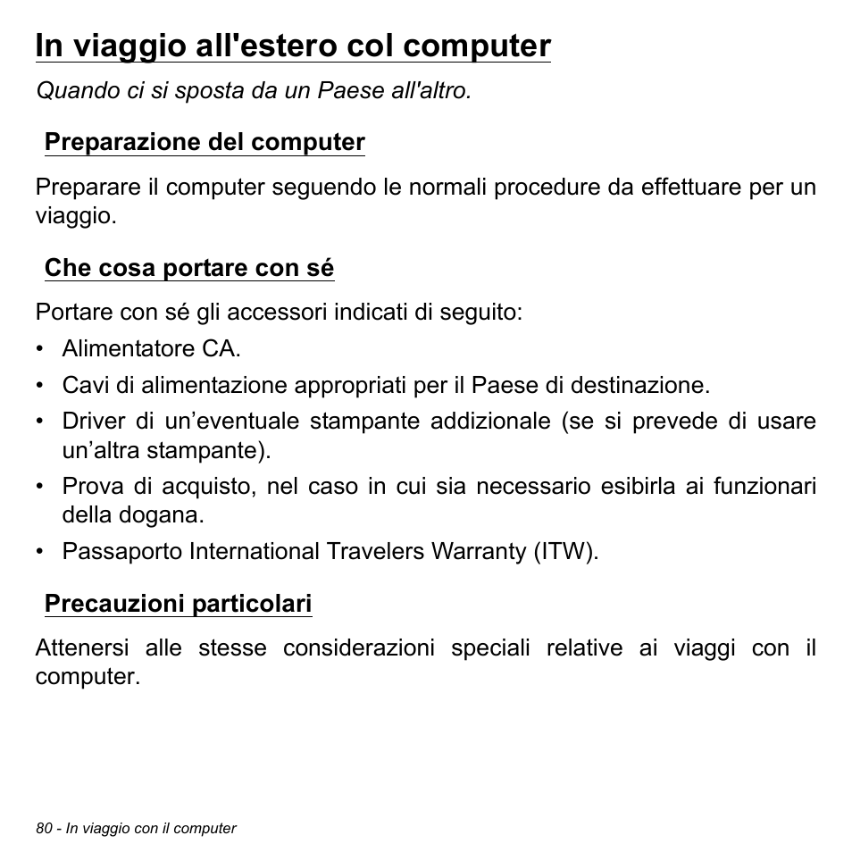 In viaggio all'estero col computer, Preparazione del computer, Che cosa portare con sé | Precauzioni particolari | Acer Aspire S3-391 User Manual | Page 445 / 3554