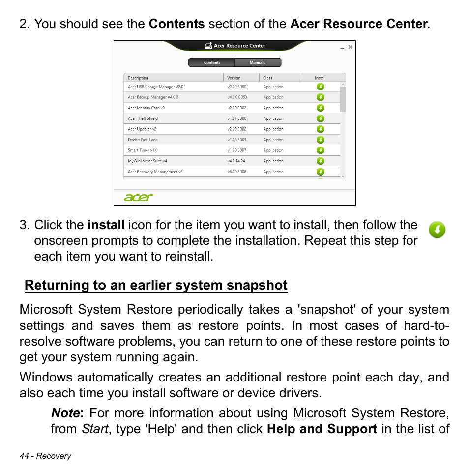 Returning to an earlier system snapshot | Acer Aspire S3-391 User Manual | Page 45 / 3554