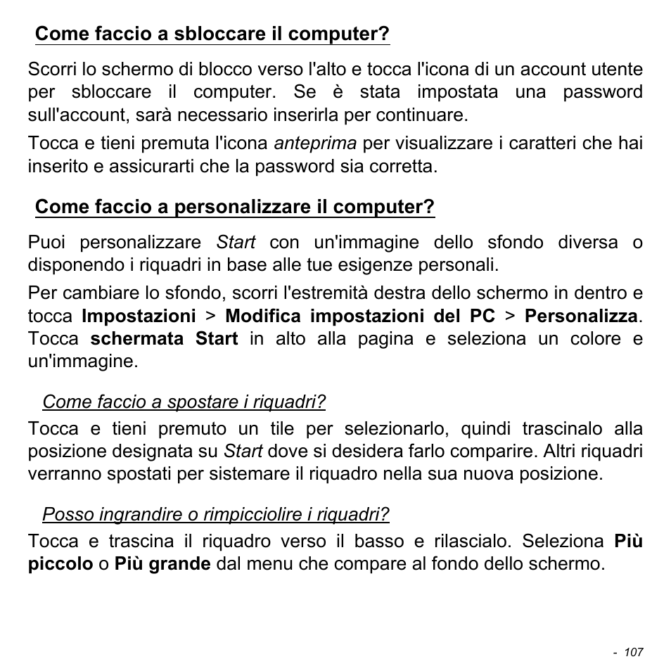 Come faccio a sbloccare il computer, Come faccio a personalizzare il computer | Acer Aspire S3-391 User Manual | Page 472 / 3554