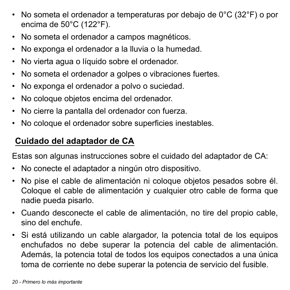 Cuidado del adaptador de ca | Acer Aspire S3-391 User Manual | Page 507 / 3554