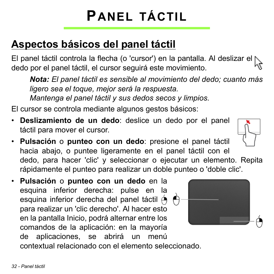 Panel táctil, Aspectos básicos del panel táctil, Anel | Táctil | Acer Aspire S3-391 User Manual | Page 519 / 3554