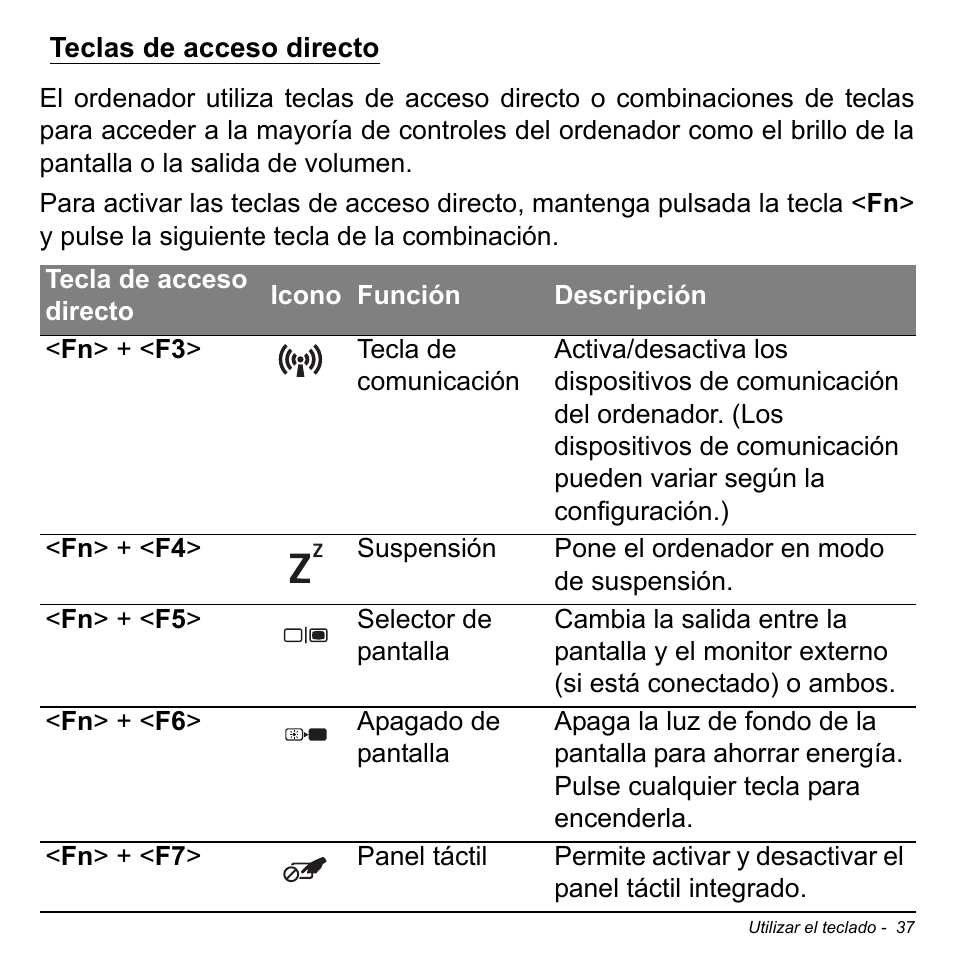 Teclas de acceso directo | Acer Aspire S3-391 User Manual | Page 524 / 3554