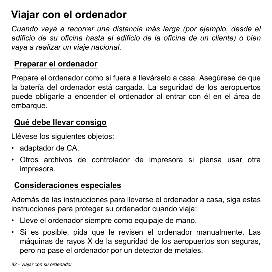 Viajar con el ordenador, Preparar el ordenador, Qué debe llevar consigo | Consideraciones especiales | Acer Aspire S3-391 User Manual | Page 569 / 3554
