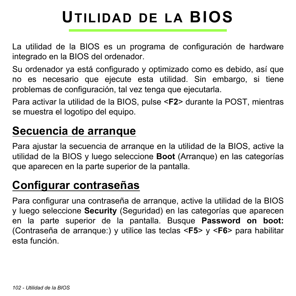 Utilidad de la bios, Secuencia de arranque, Configurar contraseñas | Secuencia de arranque configurar contraseñas, Bios | Acer Aspire S3-391 User Manual | Page 589 / 3554
