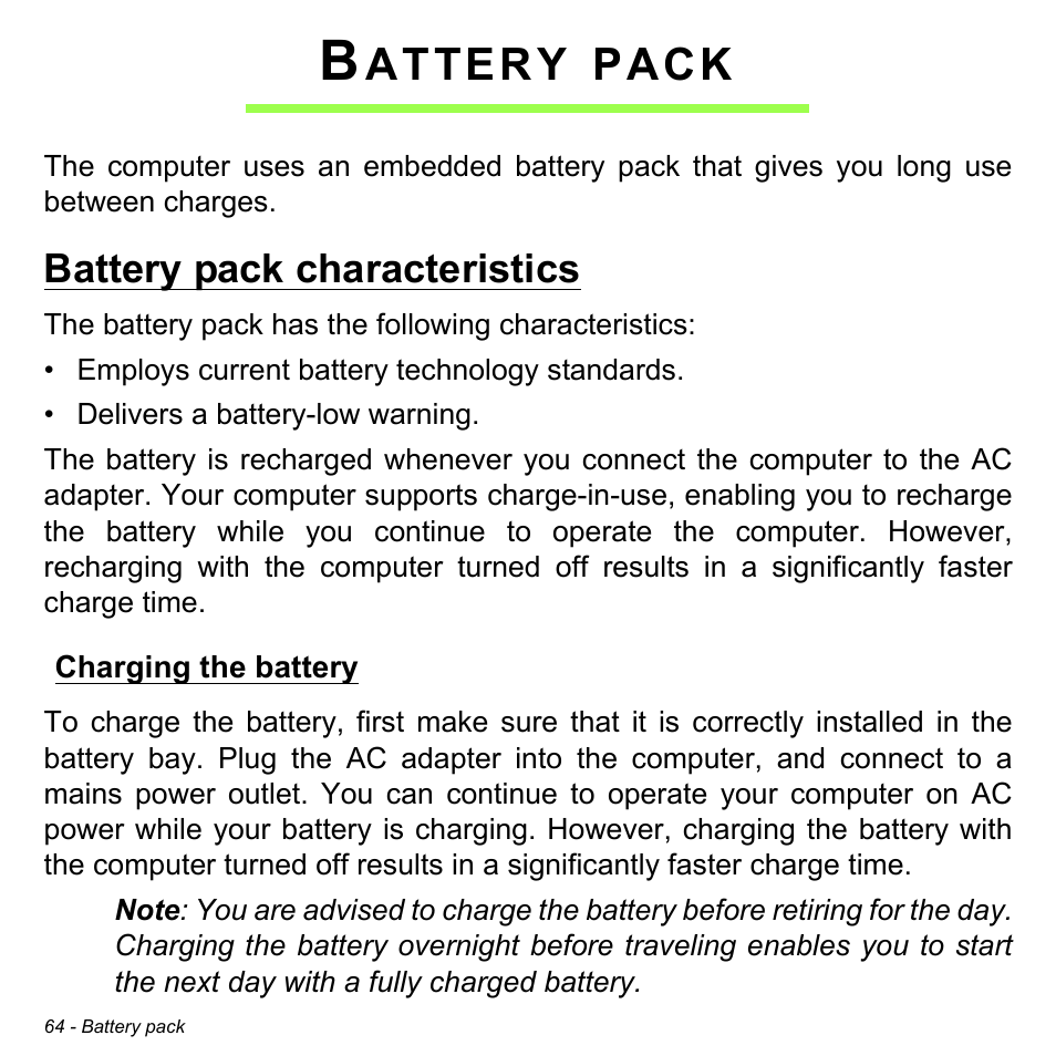 Battery pack, Battery pack characteristics, Charging the battery | Attery, Pack | Acer Aspire S3-391 User Manual | Page 65 / 3554