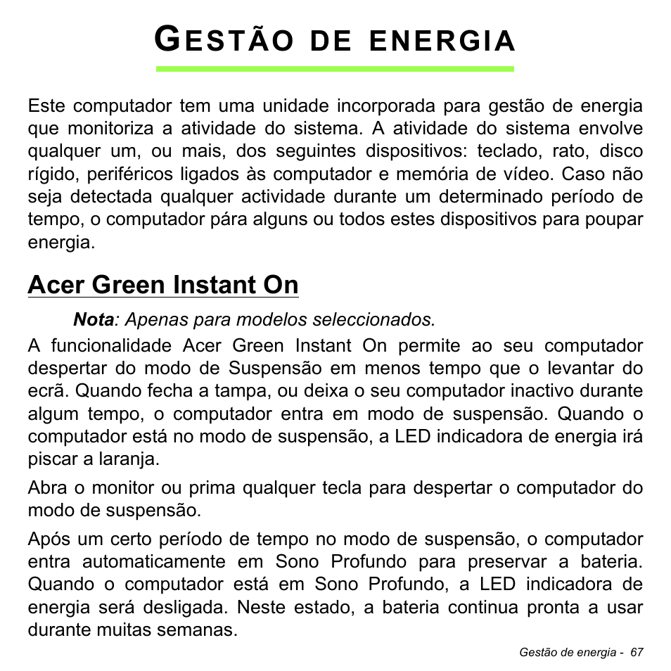 Gestão de energia, Acer green instant on, Estão | Energia | Acer Aspire S3-391 User Manual | Page 680 / 3554