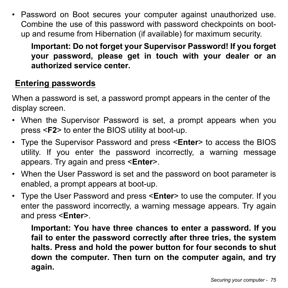 Entering passwords | Acer Aspire S3-391 User Manual | Page 76 / 3554