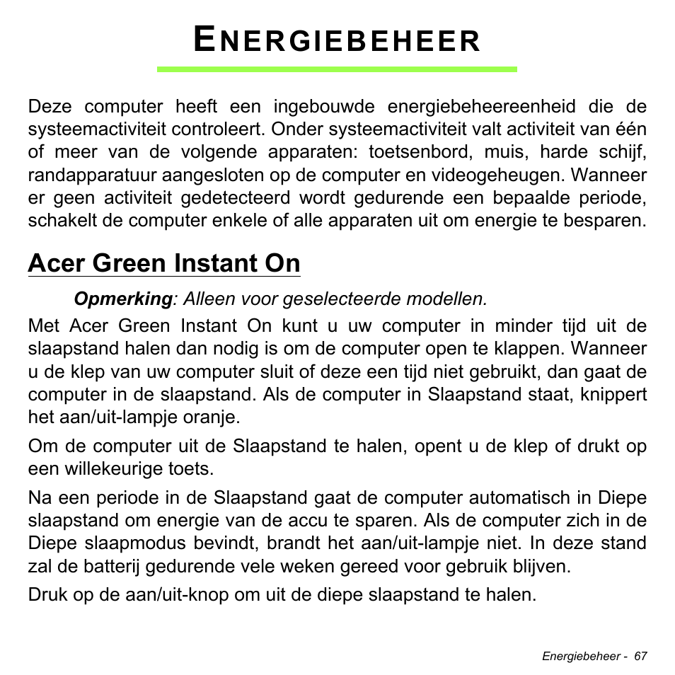 Energiebeheer, Acer green instant on, Nergiebeheer | Acer Aspire S3-391 User Manual | Page 802 / 3554