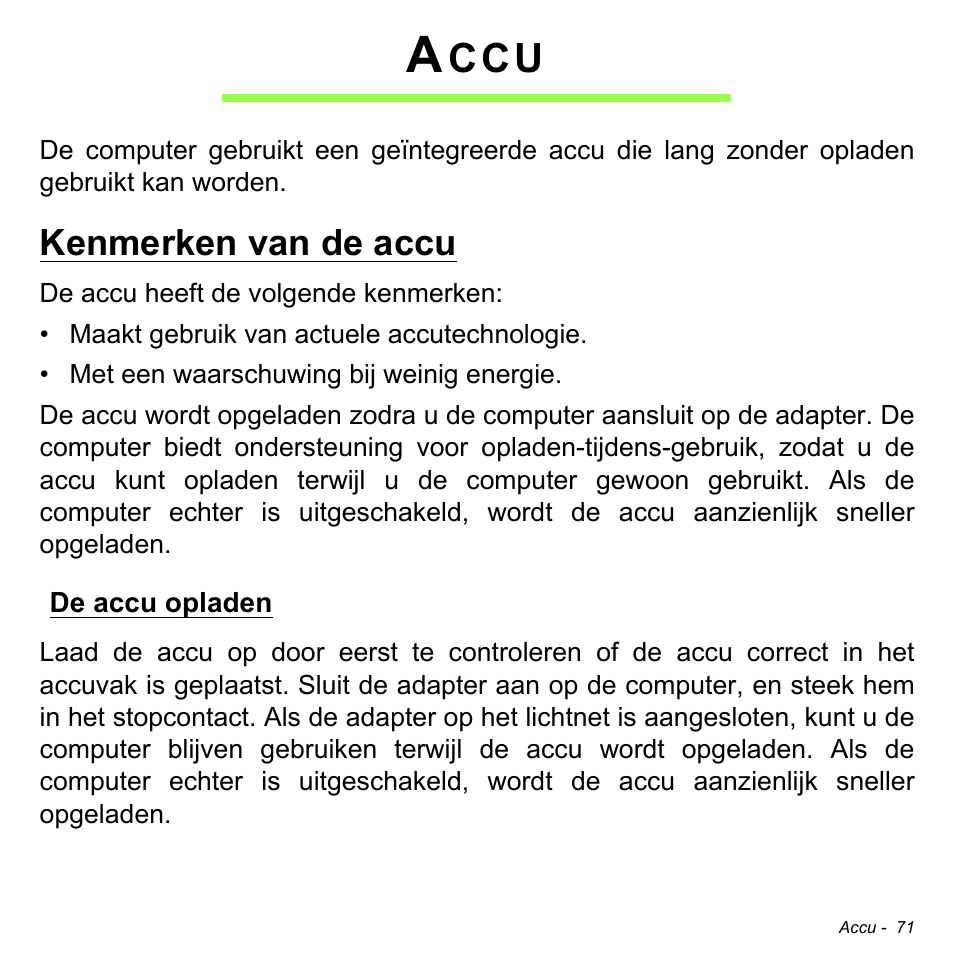Accu, Kenmerken van de accu, De accu opladen | Acer Aspire S3-391 User Manual | Page 806 / 3554