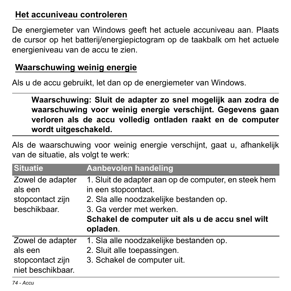 Het accuniveau controleren, Waarschuwing weinig energie | Acer Aspire S3-391 User Manual | Page 809 / 3554