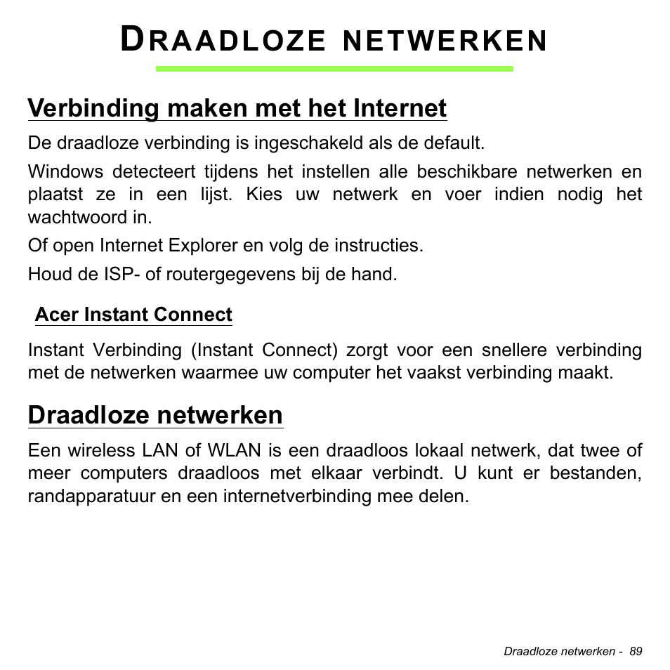 Draadloze netwerken, Verbinding maken met het internet, Acer instant connect | Raadloze, Netwerken | Acer Aspire S3-391 User Manual | Page 824 / 3554