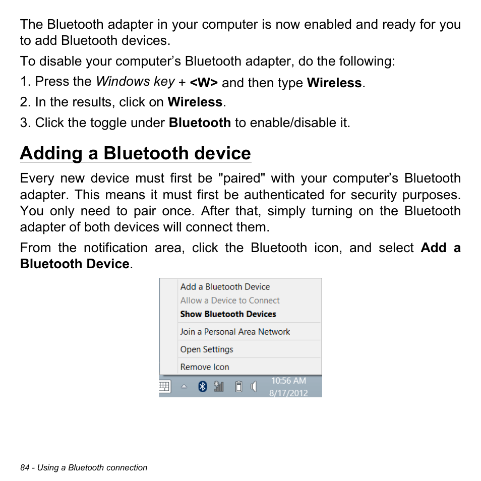 Adding a bluetooth device | Acer Aspire S3-391 User Manual | Page 85 / 3554