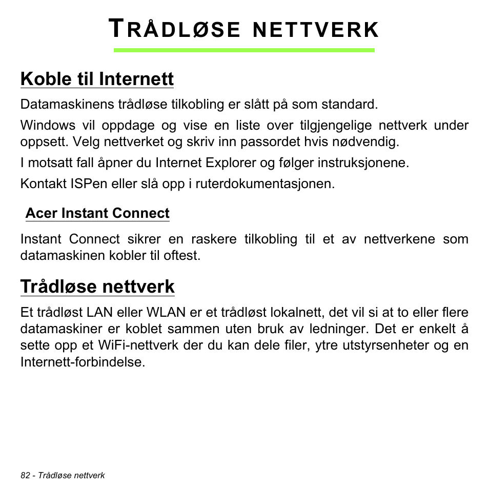 Trådløse nettverk, Koble til internett, Acer instant connect | Rådløse, Nettverk | Acer Aspire S3-391 User Manual | Page 939 / 3554