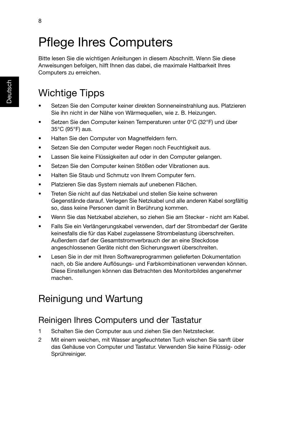 Pflege ihres computers, Wichtige tipps, Reinigung und wartung | Reinigen ihres computers und der tastatur | Acer RL80 User Manual | Page 102 / 764