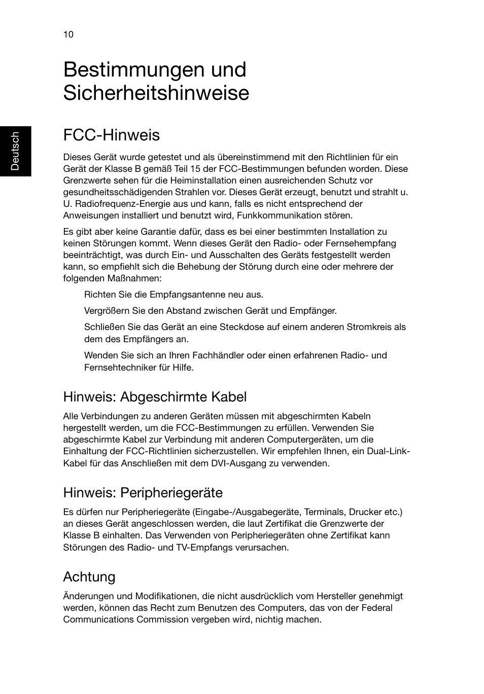 Bestimmungen und sicherheitshinweise, Fcc-hinweis, Hinweis: abgeschirmte kabel | Hinweis: peripheriegeräte, Achtung | Acer RL80 User Manual | Page 104 / 764