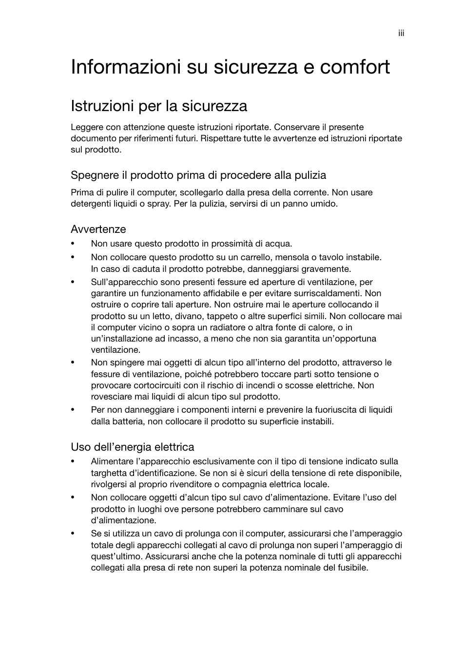 Informazioni su sicurezza e comfort, Istruzioni per la sicurezza | Acer RL80 User Manual | Page 113 / 764