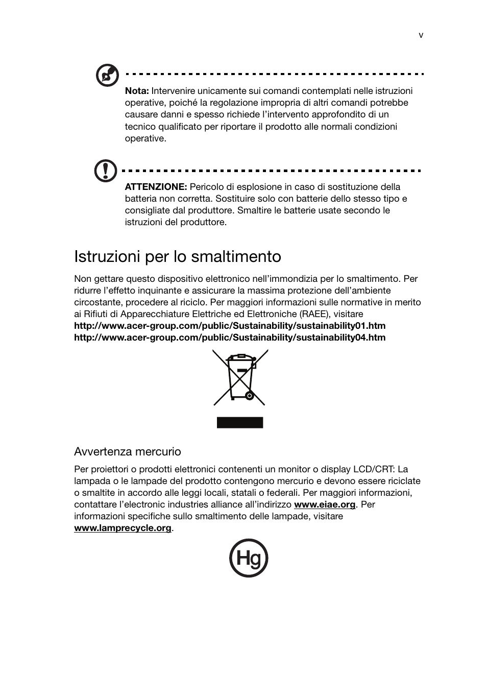 Istruzioni per lo smaltimento | Acer RL80 User Manual | Page 115 / 764