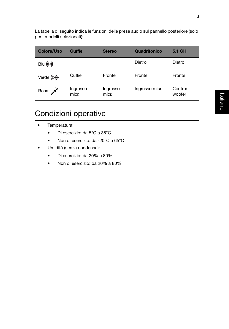 Condizioni operative, Italiano | Acer RL80 User Manual | Page 123 / 764