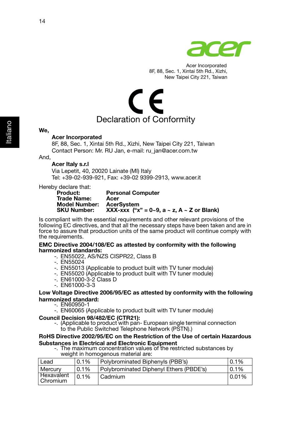 Declaration of conformity, Italiano | Acer RL80 User Manual | Page 134 / 764