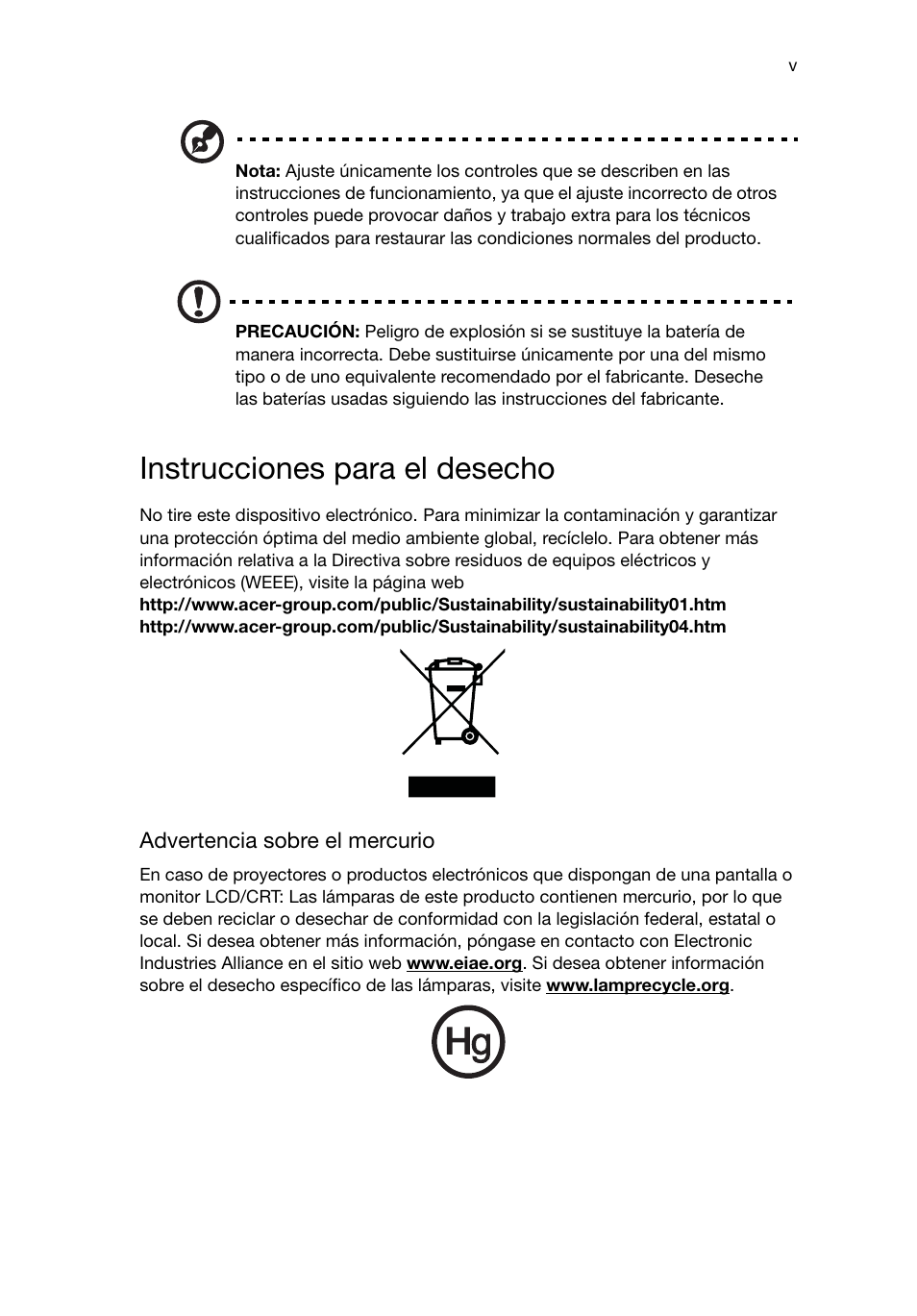 Instrucciones para el desecho | Acer RL80 User Manual | Page 143 / 764