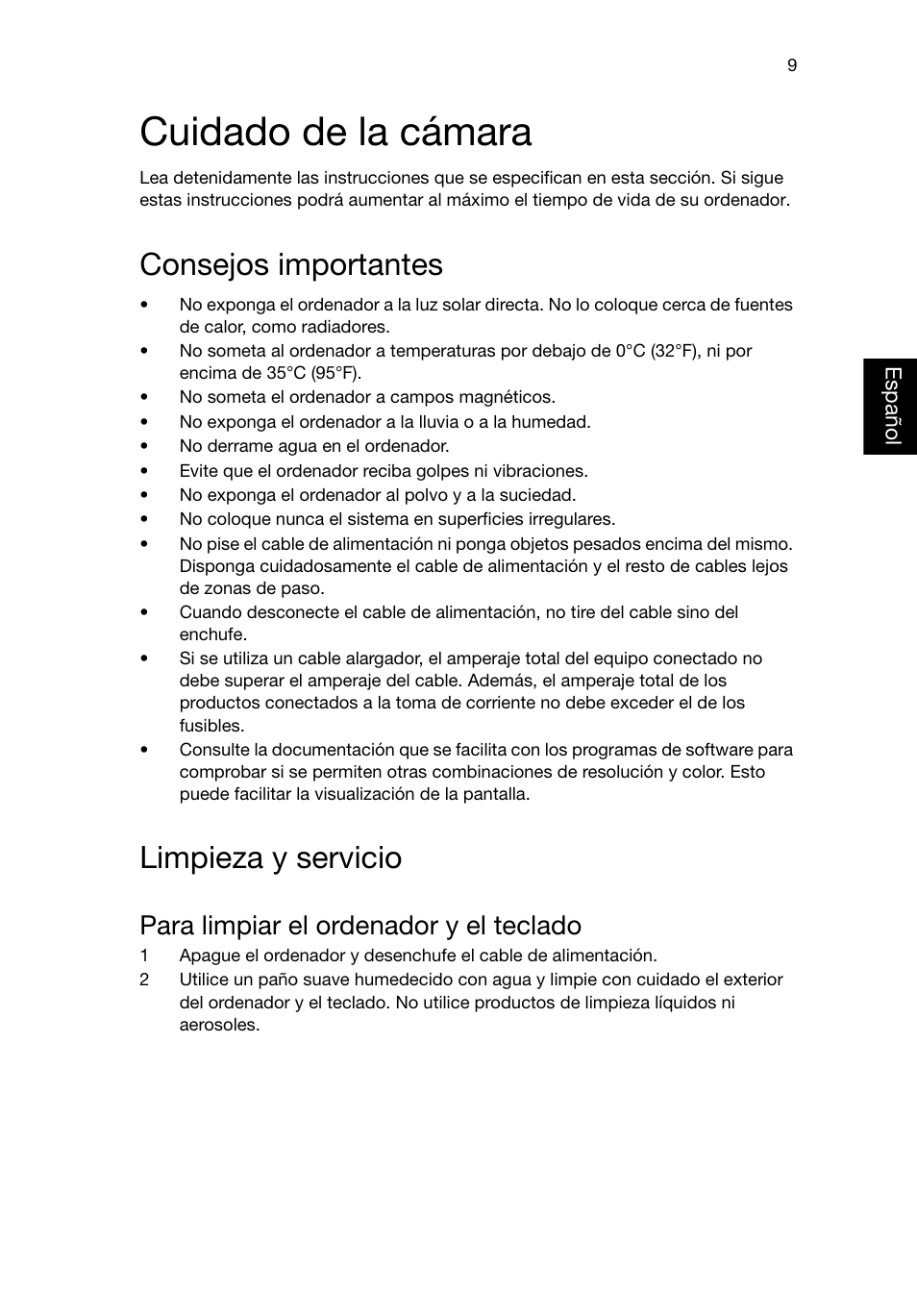 Cuidado de la cámara, Consejos importantes, Limpieza y servicio | Para limpiar el ordenador y el teclado | Acer RL80 User Manual | Page 157 / 764