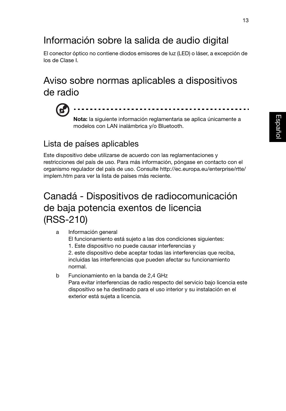 Información sobre la salida de audio digital, Lista de países aplicables | Acer RL80 User Manual | Page 161 / 764