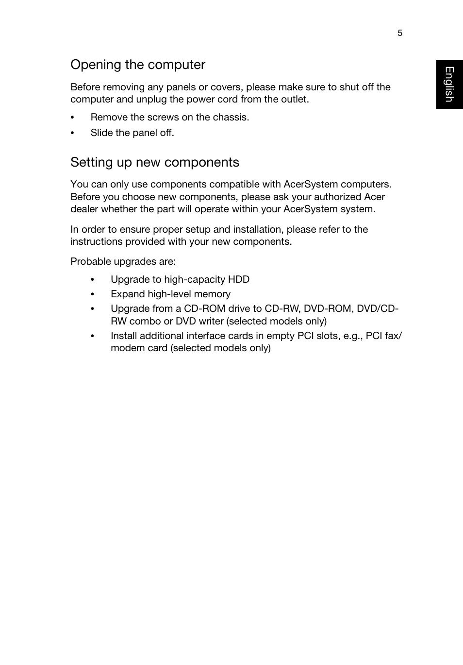 Opening the computer, Setting up new components | Acer RL80 User Manual | Page 17 / 764