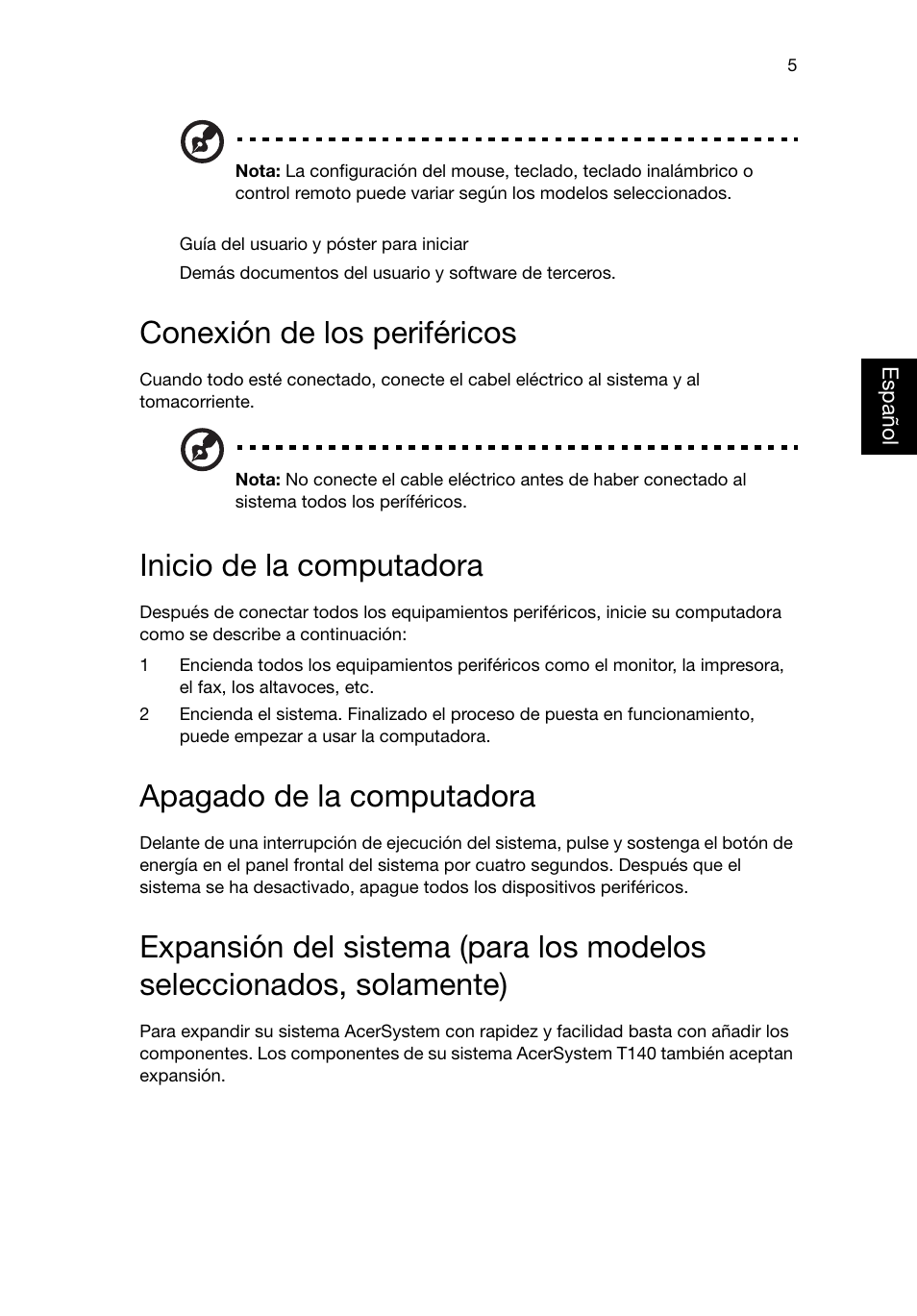 Conexión de los periféricos, Inicio de la computadora, Apagado de la computadora | Acer RL80 User Manual | Page 181 / 764