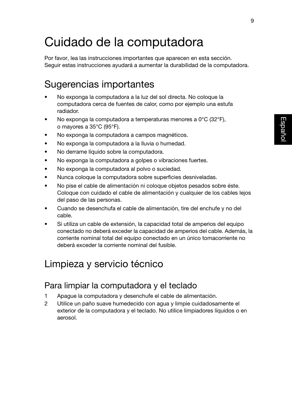 Cuidado de la computadora, Sugerencias importantes, Limpieza y servicio técnico | Para limpiar la computadora y el teclado | Acer RL80 User Manual | Page 185 / 764