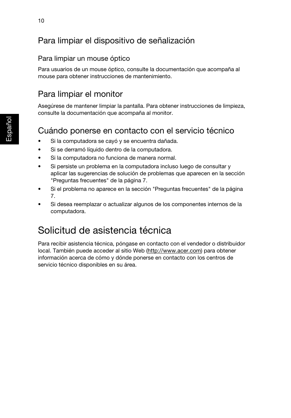 Solicitud de asistencia técnica, Para limpiar el dispositivo de señalización, Para limpiar el monitor | Cuándo ponerse en contacto con el servicio técnico | Acer RL80 User Manual | Page 186 / 764