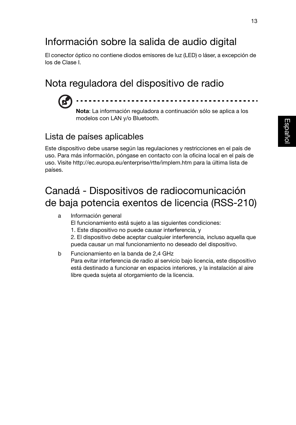 Información sobre la salida de audio digital, Nota reguladora del dispositivo de radio, Lista de países aplicables | Acer RL80 User Manual | Page 189 / 764