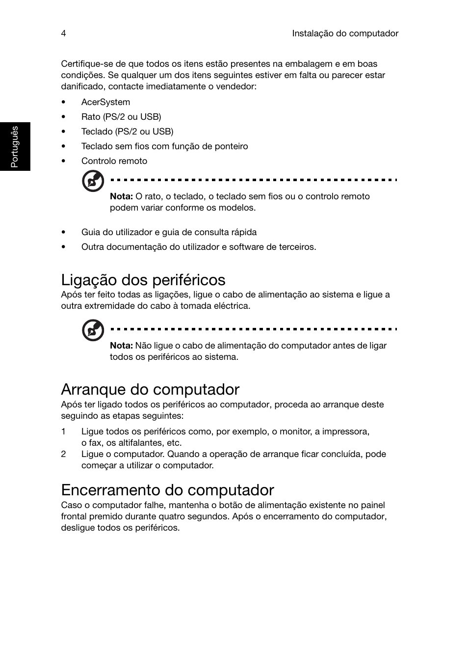 Ligação dos periféricos, Arranque do computador, Encerramento do computador | Acer RL80 User Manual | Page 208 / 764