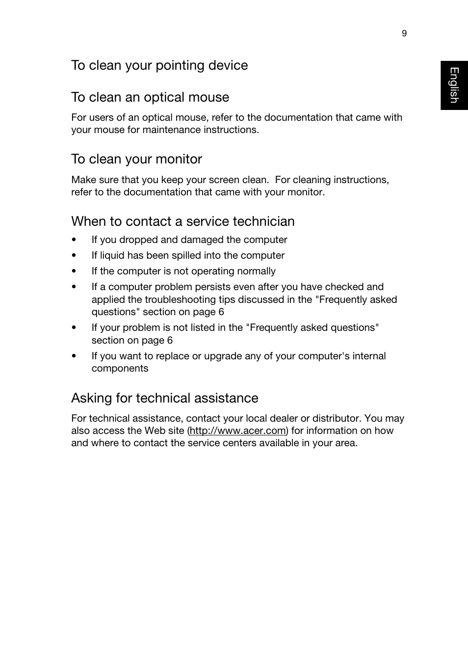 Asking for technical assistance, To clean your pointing device, To clean your monitor | When to contact a service technician | Acer RL80 User Manual | Page 21 / 764