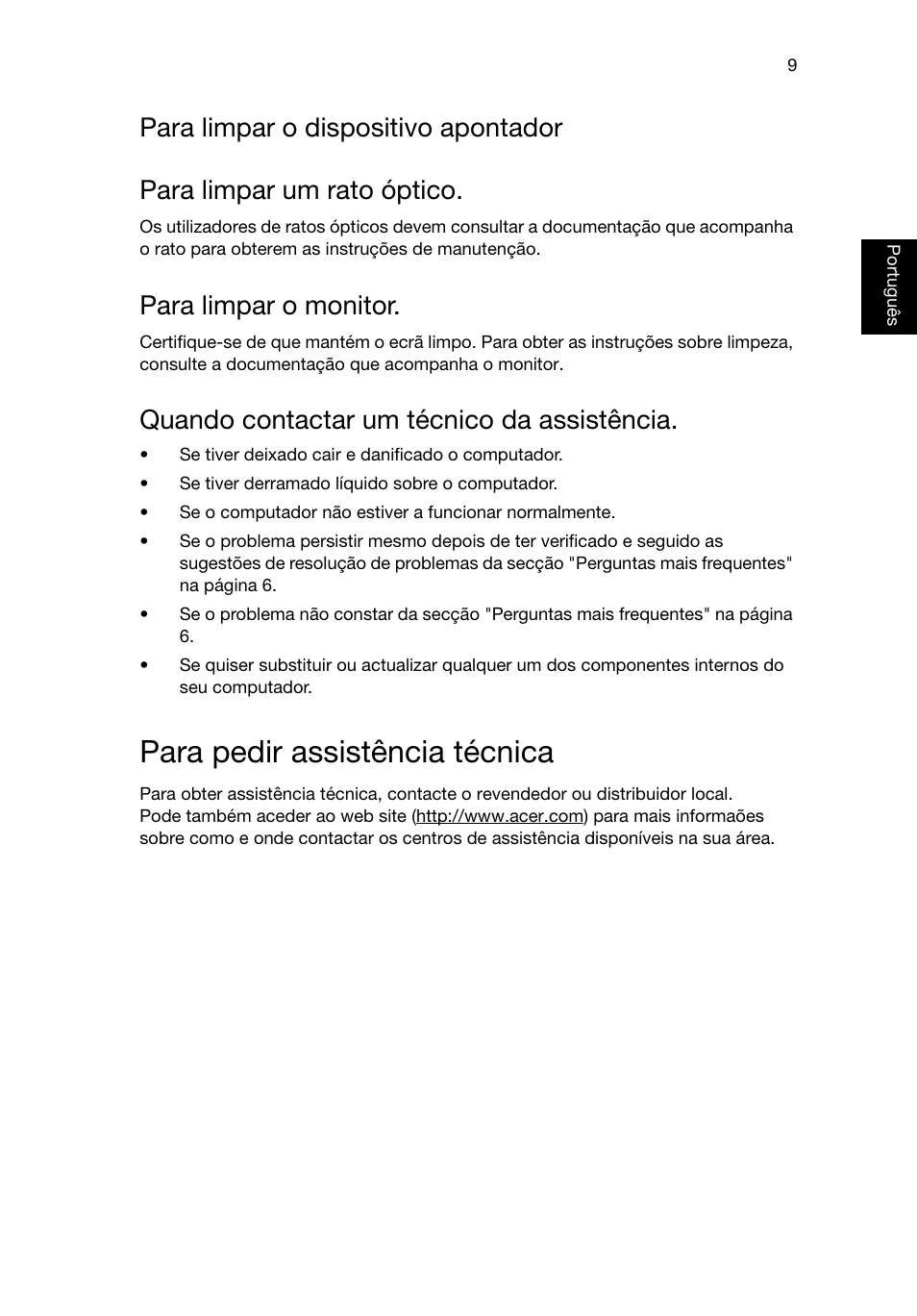 Para pedir assistência técnica, Para limpar o dispositivo apontador, Para limpar o monitor | Quando contactar um técnico da assistência | Acer RL80 User Manual | Page 213 / 764