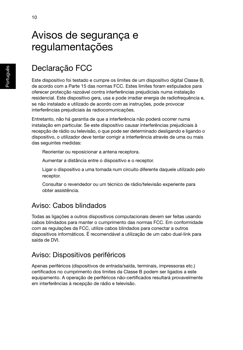 Avisos de segurança e regulamentações, Declaração fcc, Aviso: cabos blindados | Aviso: dispositivos periféricos | Acer RL80 User Manual | Page 214 / 764