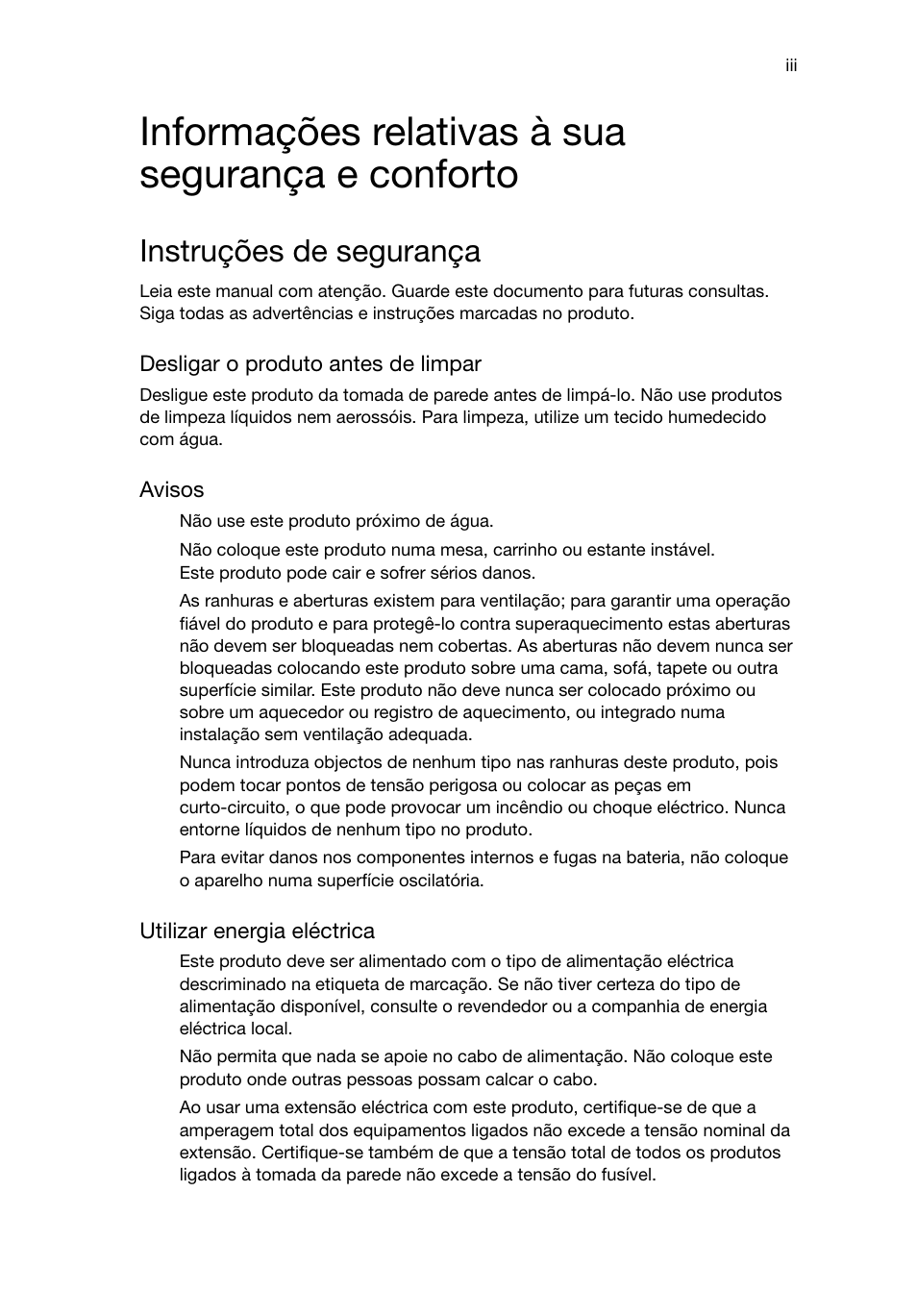 Informações relativas à sua segurança e conforto, Instruções de segurança | Acer RL80 User Manual | Page 223 / 764