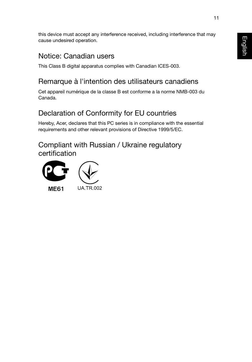 Notice: canadian users, Remarque à l'intention des utilisateurs canadiens, Declaration of conformity for eu countries | Acer RL80 User Manual | Page 23 / 764