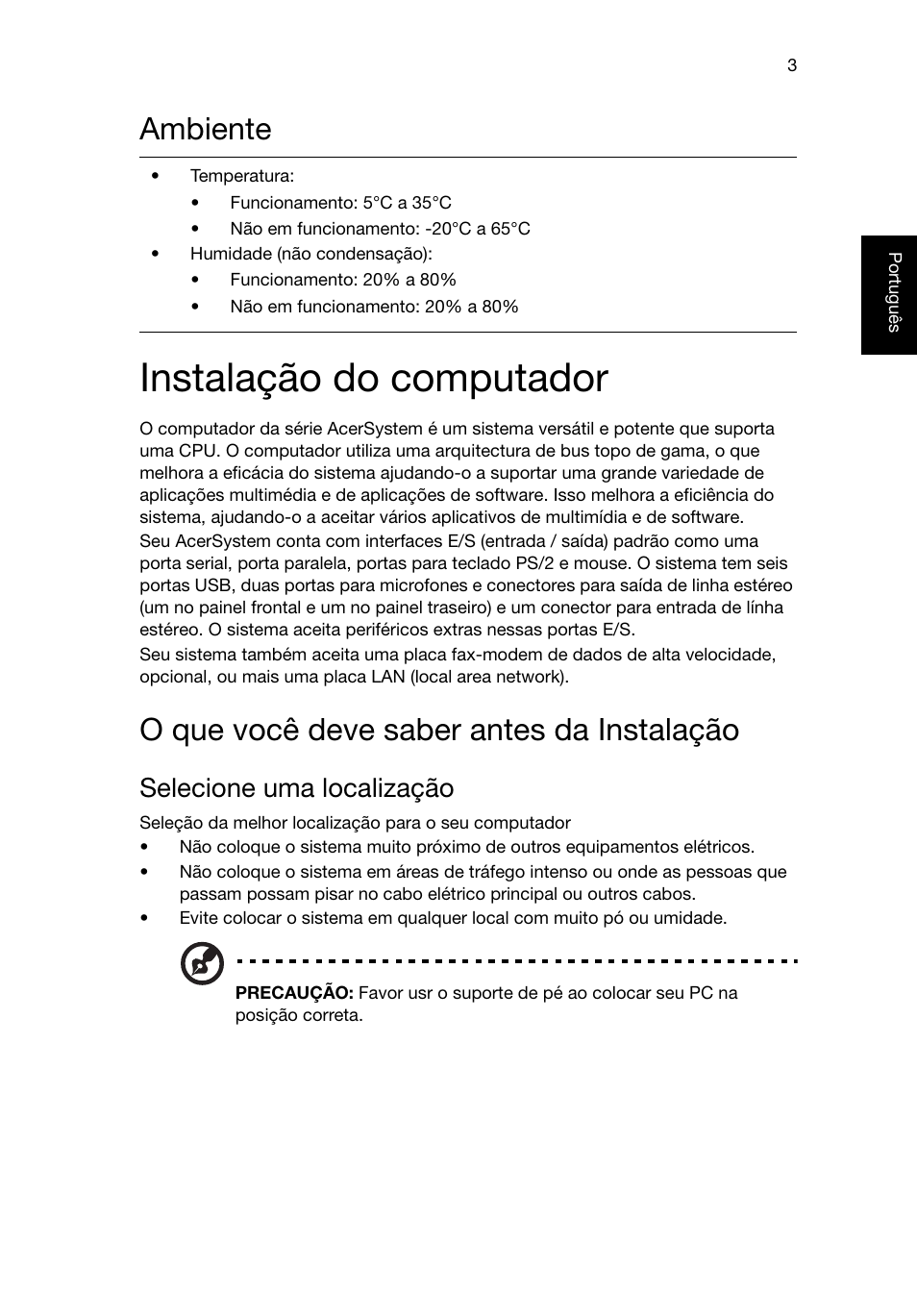 Ambiente, Instalação do computador, O que você deve saber antes da instalação | Selecione uma localização | Acer RL80 User Manual | Page 233 / 764
